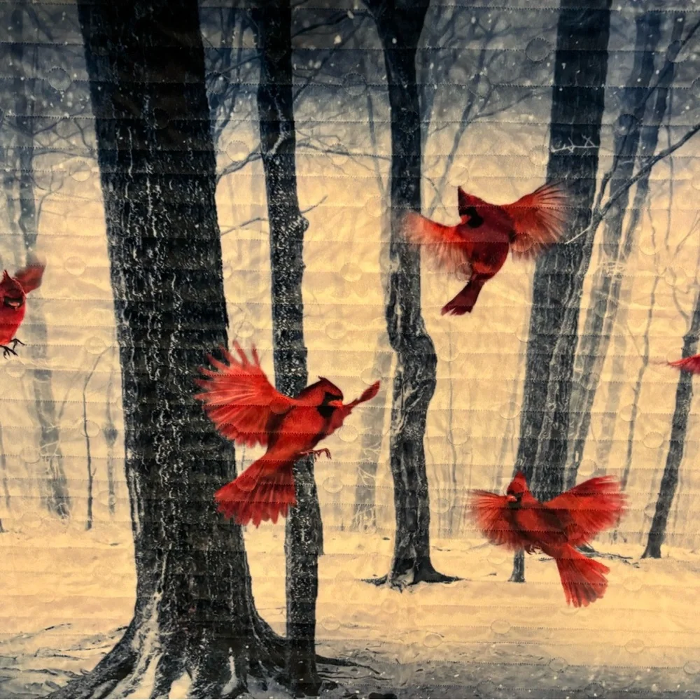 Handmade Quilted Patchwork Throw W/ Cardinals In the Woods Trees Navy Red 52x44”